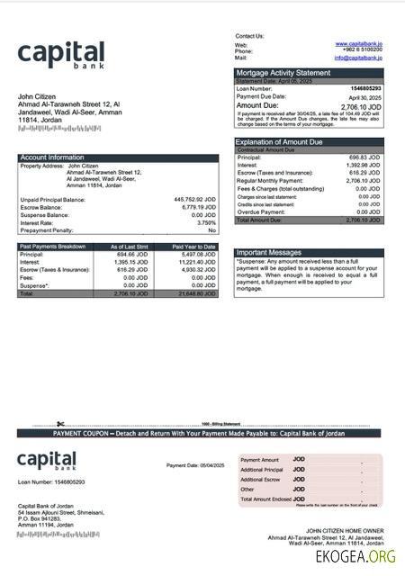 Modèle Word et PDF de relevé hypothécaire de la Jordan Capital Bank of Jordan